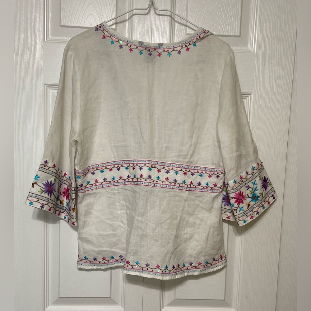 SilkLand White and Pink Embellished Blouse with 3/4 Sleeves - Picture 2 of 10